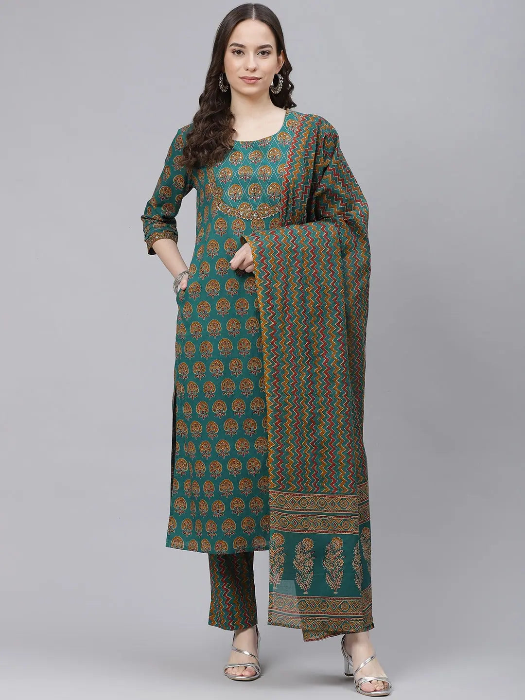 Ahika Women Teal Green Mustard Yellow Printed Cotton Kurta With Trousers Dupatta Trousers Designer Luxury Ahika Women Teal Green Mustard Yellow Printed Cotton Kurta With Trousers Dupatta Trousers Designer Luxury