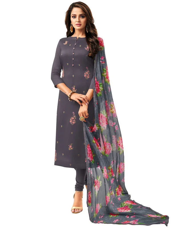 Women's Dark Grey Chanderi Silk Embroidered Kurta With Trouser & Dupatta (Semistitched (SKD) ) - Aastha Fashion Trousers versatile all-occasion Women's Dark Grey Chanderi Silk Embroidered Kurta With Trouser & Dupatta (Semistitched (SKD) ) - Aastha Fashion Trousers versatile all-occasion