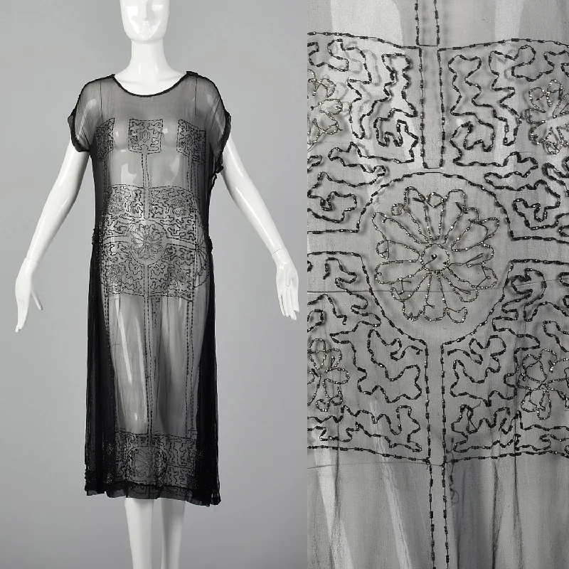 1920s Beaded Sheer Black Dress with Hip Sashes